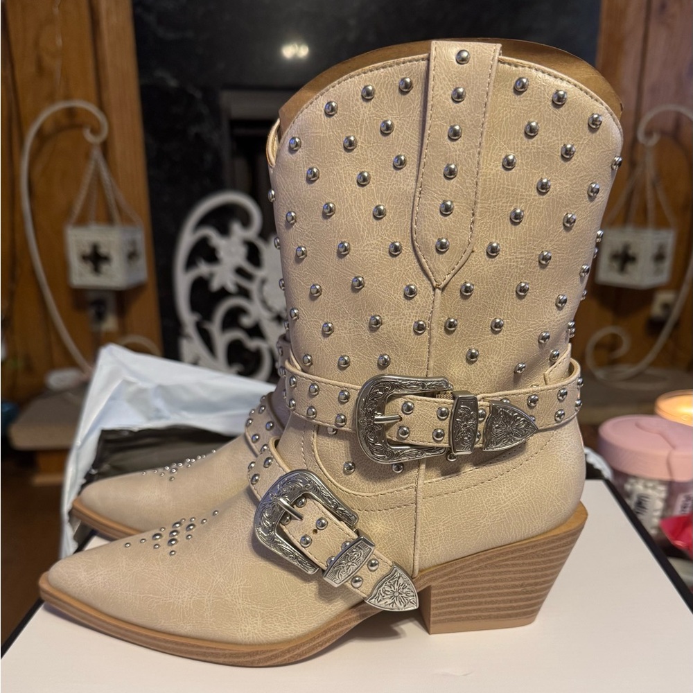 Steve Madden Sandstone Studded Western Ankle Boots with Silver Buckles